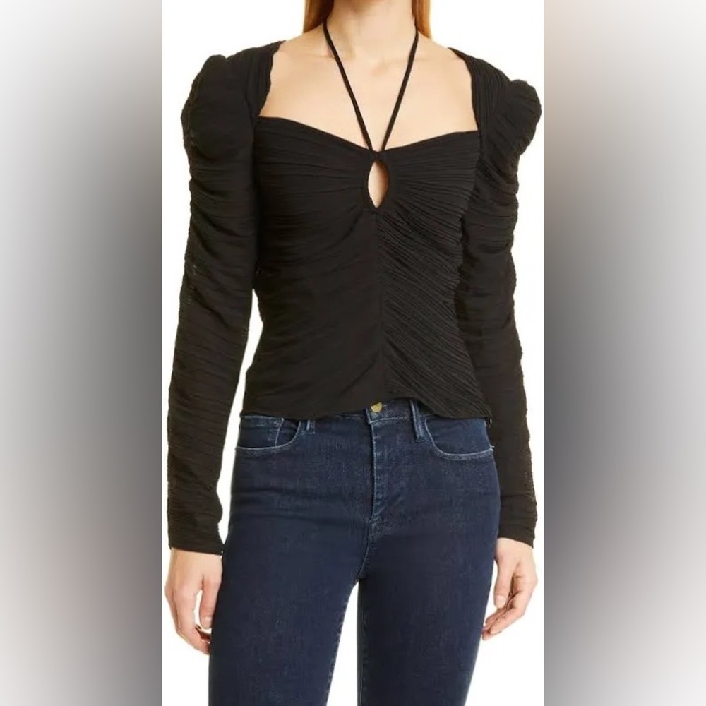 Frame Gathered Ruched Keyhole Tie Neck Puff Long Sleeve Top - Picture 7 of 15